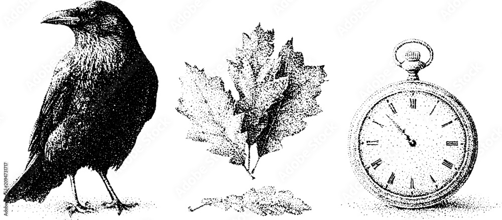 Fototapeta premium Vintage stippled raven with clustered autumn leaves and pocket watch in black and white for gothic background and poster design