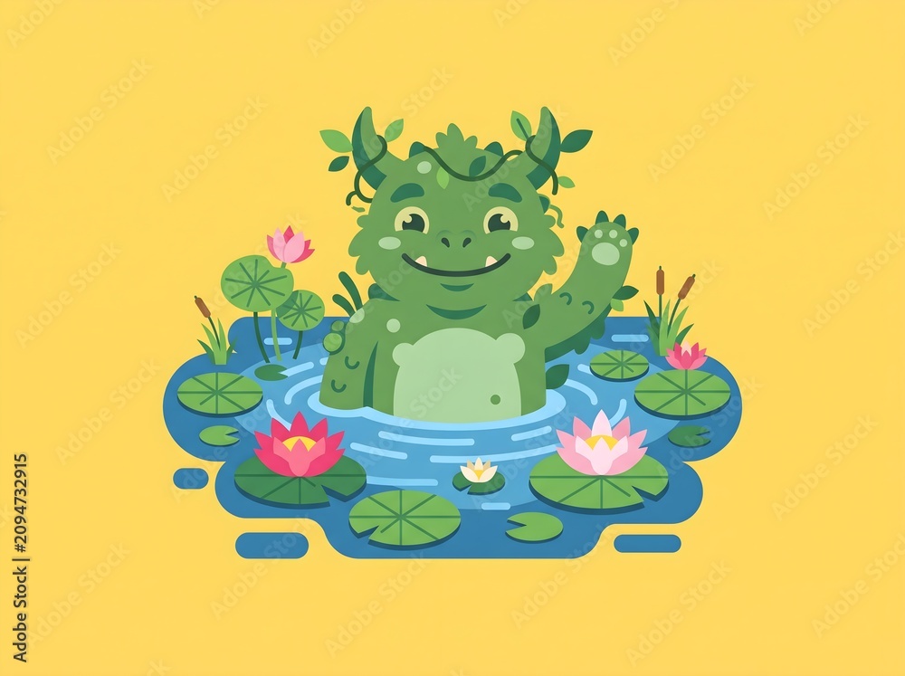 Fototapeta premium Cute Friendly Monster Waving in a Pond with Water Lilies