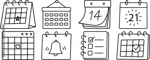 Calendar icon set with planner schedule reminder and date management vector, Calendar and event planning icons for organizer productivity vector pack, Date reminder schedule calendar collection