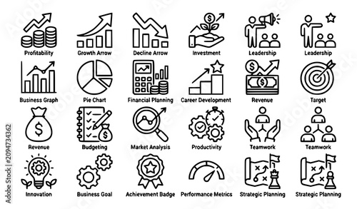 Tableau sur toile Minimal Business Growth Line Icon Set with Profit Investment and Career Developm