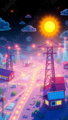 Animated illustration of a smart grid system optimizing energy distribution, || smart grid, automation