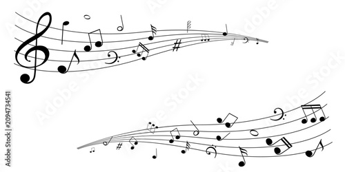 Fototapeta Wavy musical staff notation with melody clefs notes