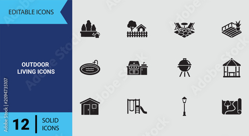 Bild auf Leinwand Outdoor Living Solid Icon Set Highlighting Backyard Patio Gardening Relaxation A