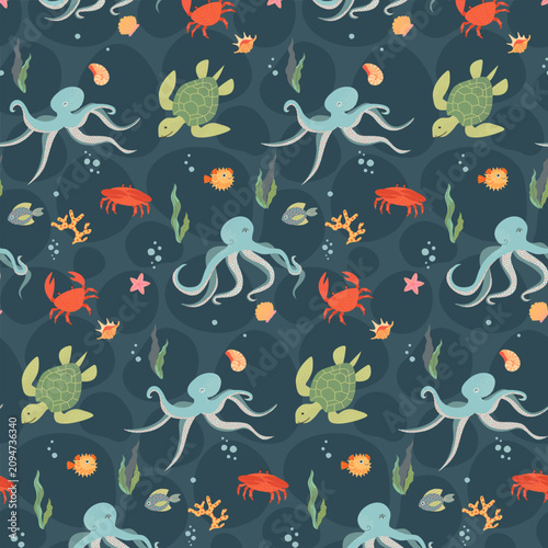 Photography Cute Sea Life Seamless Pattern with Octopus, Sea Turtle and Crab on Dark Teal Background