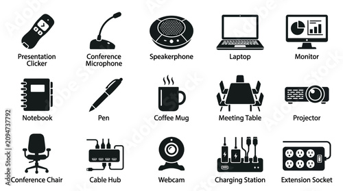 Foto Business conference and office meeting equipment icon set.