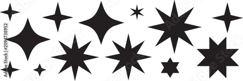 Collection of bold black star silhouettes vector set featuring different geometric shapes and point variations for bold graphic design elements and creative visual projects layout.