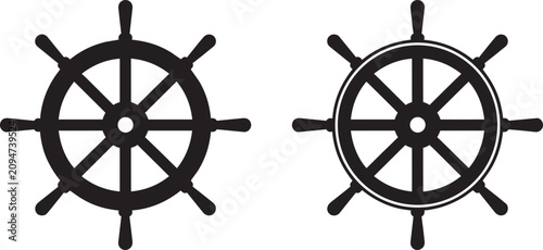 Set of two vintage ship steering wheels in black silhouette vector style for nautical maritime decoration yachting sport logo design and ocean sailing lifestyle graphic element.