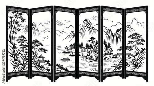 Black and white folding screen with mountain landscape design.