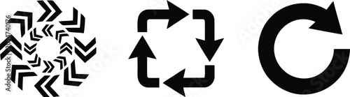 A modern collection of four circular arrow icons featuring refresh, reload, recycle, and rotation concepts in bold black vector style. Perfect for user interfaces, mobile apps, web design, dashboards,