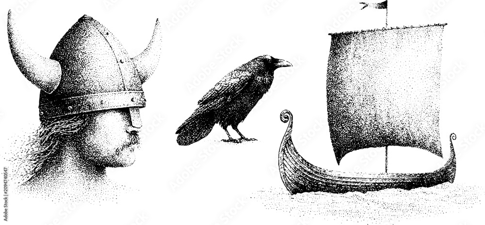 Obraz premium Black and white viking helmet raven and longship illustration for historical poster and banner design with sail and maritime emblem
