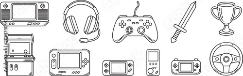 Foto Gaming hardware and electronic entertainment devices vector icon collection including consoles controllers and peripherals for modern video game enthusiasts and media technology lovers