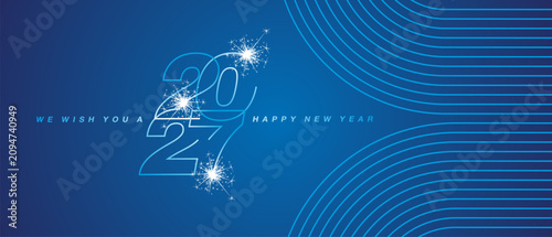 New Year 2026 greeting card with light blue line art design numbers on blue background. New Year transition, goal setting, direction and strategic planning