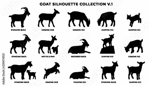 Minimal Goat Silhouette Icon Set Black Farm Animal Vector