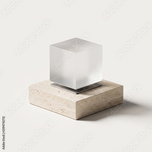 Minimalist 3D Travertine and Frosted Glass Grid Module for SaaS Feature Layouts