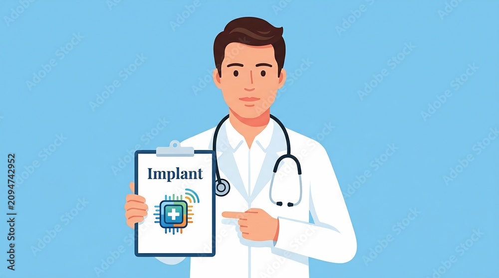 Fototapeta premium Male medical professional presenting information about modern technological biomedical implants with white coat