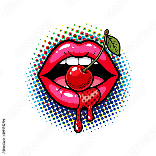 Retro pop art illustration of glossy red lips biting a sweet cherry with dripping juice against a colorful halftone background.