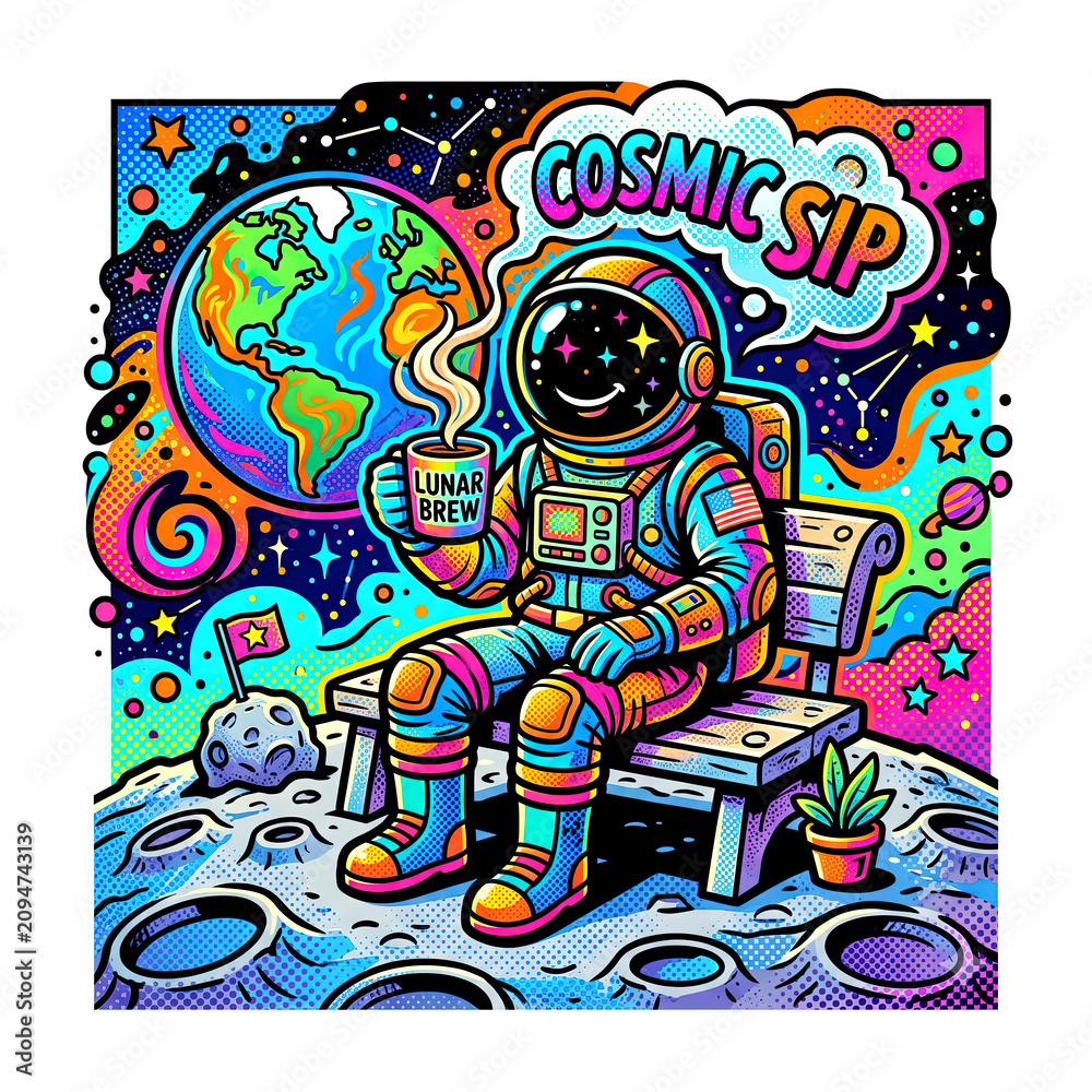 Fototapeta premium Psychedelic pop art astronaut sitting on a lunar bench drinking a cosmic sip of lunar brew coffee, with bright neon colors.