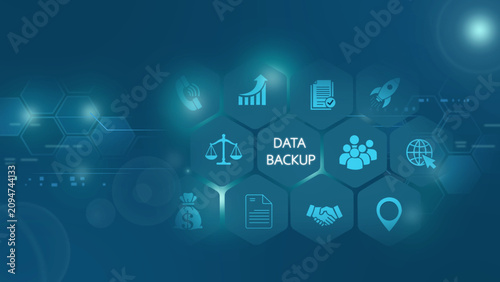 Bild auf Leinwand Digital interface featuring a central data backup text label surrounded by glowi