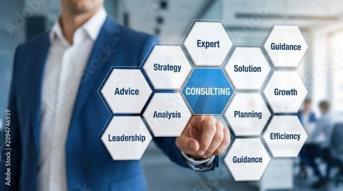 Business consulting concept expert hand interacting with hexagonal keyword network