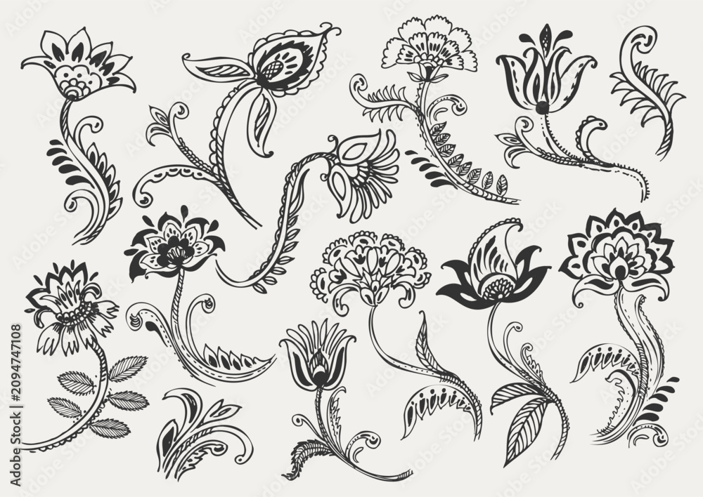Fototapeta premium Floral elements set. Oriental decorative flowers. Vector illustration. For cards, poster, labels, boho background, ornament
