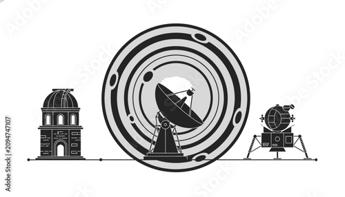 Cuadro en lienzo Telescope with Observatory and Moon Lander Illustration Featuring Astronomy, Spa