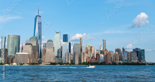 New York, USA - June 16, 2023: Cruise ship Marella Discovery Manhattan in New York. Skyline of New York Manhattan cruising on the Hudson River cruise liner TUI.