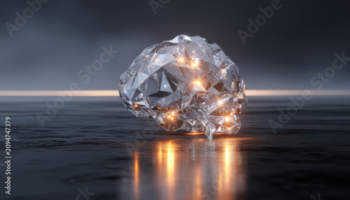 Shimmering crystal skull sculpture with luminous facets reflecting on dark surface