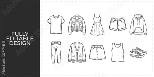 Fényképezés Womens fashion outfit sets and coordinated clothing hand drawn doodle icons for