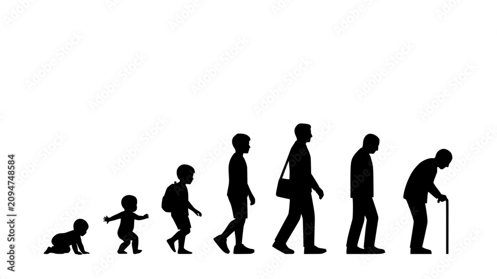 Fototapeta premium Silhouette Illustration Depicting Stages of Human Life From Baby to Elderly Person with Cane Featuring Toddler, Child, Teenager