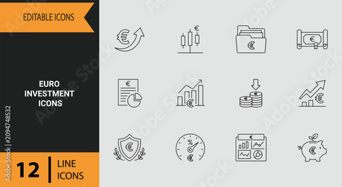Euro Investment Outline Icons for Wealth Management and Stock Market Portfolios