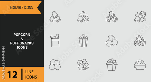 Fotografie Popcorn and Puff Snacks Icons for Movie Night Catering and Theater Concessions