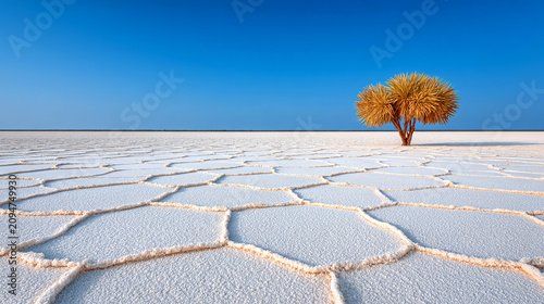 A solitary orange tree stands on the vast, cracked white surface of the Salar de Uyuni salt flat under a clear, vibrant blue sky.