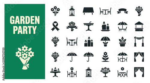Set of Garden Party Icons Featuring Flowers Umbrellas Furniture and Event Decorations for Festive Outdoor Celebrations and Social Gatherings