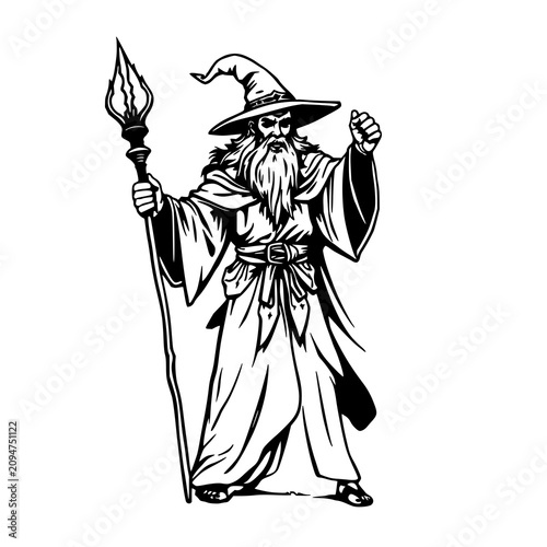 Photography Detailed woodcut style illustration of a sorcerer with a staff, fantasy myth aesthetic, black ink, white background