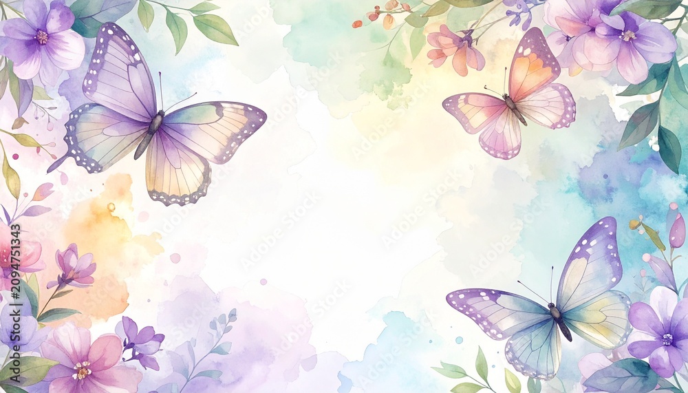 Fototapeta premium Watercolor Butterfly Floral Background with Copy Space and Pastel Colors