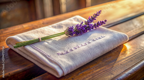 Hochzeitsdekoration für eine Lavendelhochzeit - auf einem Holztisch liegen zwei Lavendel Rispen auf einem weißen gefalteten Baumwolltuch mit Stickerei.