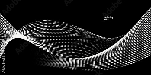 Quadro su tela Minimalist digital abstract composition of white dotted waves on black background featuring vanishing point text perspective