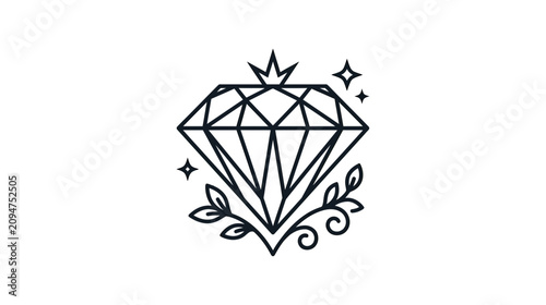 Schilderij op canvas Elegant Diamond Icon with Crown and Leaves, Sparkle Symbol