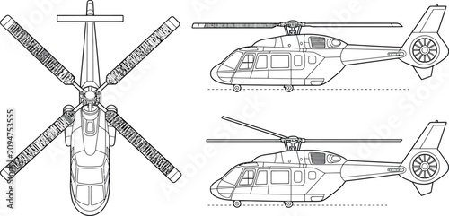 Fotografia Helicopter, aircraft, vector illustrations, helicopter set, 3 views, technical d