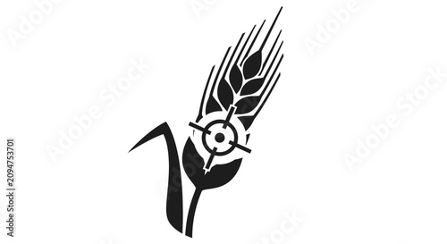 Black and white bird with gear and wheat design.