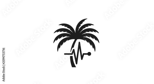 Black palm tree with heartbeat line art icon.