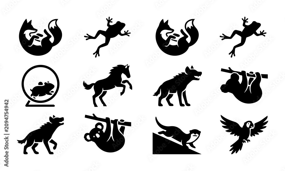Obraz premium Diverse Animal Silhouettes Collection: Fox, Frog, Horse, Hyena, Sloth, Otter, Parrot Icons