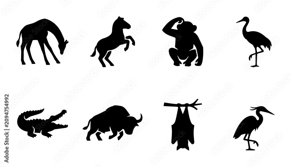 Obraz premium African Wildlife Silhouettes, Safari Animals Vector Icons, Zoo Creatures Collection, Nature Elements
