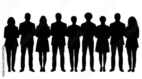 Group of business people standing together in black silhouettes isolated on transparent background, Vector