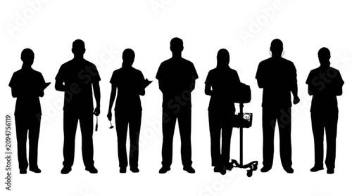 Seven black silhouettes of people with various tools isolated on transparent background, Vector