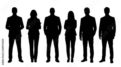Black silhouettes of business people standing in a row isolated on transparent background, Vector