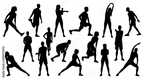 Black silhouettes of people exercising and playing sports isolated on transparent background, Vector