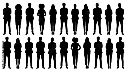 Black silhouettes of people standing in two rows isolated on transparent background, Vector