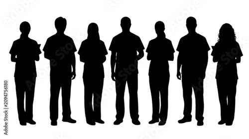 Black silhouettes of people standing in a row isolated on transparent background, Vector