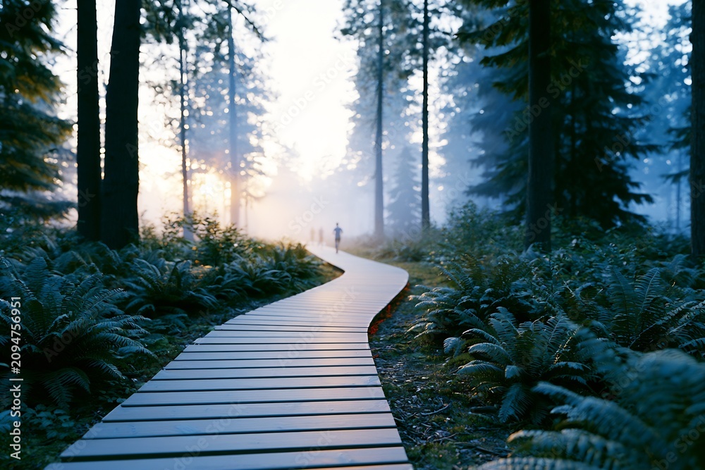 Obraz premium Winding wooden pathway through a mystical forest with fog-kissed trees and a distant figure - nature exploration
